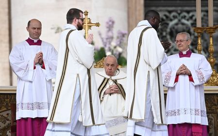 VATICAN CITY, VATICAN - MARCH 31: Pope Francis celebrates the Easter Sunday Mass at St. Peter's Square, in Vatican City, Vatican, on March 31, 2024. Easter is a Christian festivity which celebrates the resurrection of Jesus on the third day of his death by crucifixion. (Photo by Isabella Bonotto/Anadolu via Getty Images)