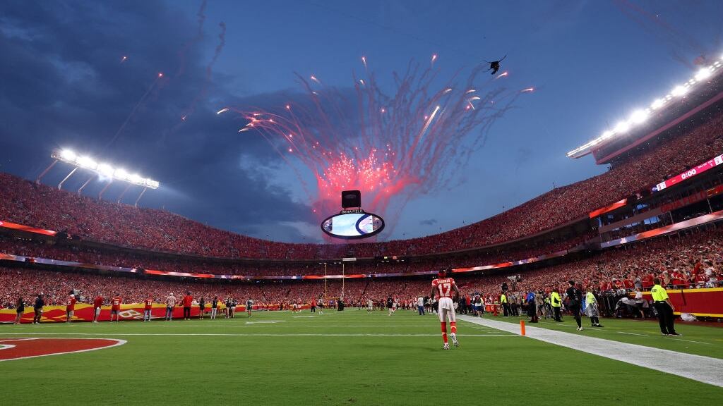 A general view of fireworks is seen before the Baltimore Ravens take on the Kansas City Chiefs at GEHA Field at Arrowhead Stadium on September 05, 2024 in Kansas City, Missouri.