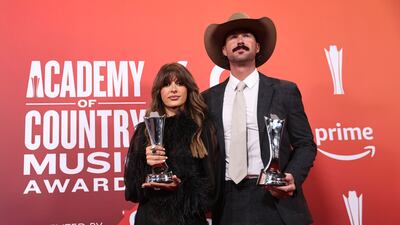 FRISCO, TEXAS - MAY 8: EDITORIAL USE ONLY. Ella Langley and Riley Green pose in the press room during the 60th Academy of Country Music Awards at The Ford Center at The Star on May 8, 2025 in Frisco, Texas. (Photo by Omar Vega/Getty Images)