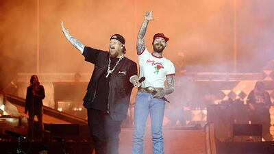 SALT LAKE CITY, UTAH - APRIL 29: Jelly Roll and Post Malone perform onstage during Post Malone Presents: The BIG ASS Stadium Tour Kick Off at Rice Eccles Stadium on April 29, 2025 in Salt Lake City, Utah. (Photo by Kevin Mazur/Getty Images for Live Nation)