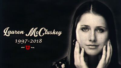 An image of University of Utah student and track athlete Lauren McCluskey, 21, is seen on a video board at Rice-Eccles Stadium Nov. 10, 2018, in Salt Lake City. McCluskey was shot and killed on campus Oct. 22, 2018, by her ex-boyfriend, Melvin Shawn Rowland.