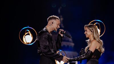AUSTIN, TEXAS - APRIL 02: In this image released on April 02, Kane Brown and Katelyn Jae Brown perform onstage for the 2023 CMT Music Awards at Moody Center on March 29, 2023 in Austin, Texas. (Photo by Catherine Powell/Getty Images for CMT)
