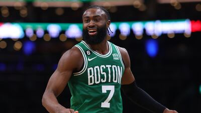BOSTON, MASSACHUSETTS - MAY 25: Jaylen Brown #7 of the Boston Celtics reacts against the Miami Heat during the second quarter in game five of the Eastern Conference Finals at TD Garden on May 25, 2023 in Boston, Massachusetts. NOTE TO USER: User expressly acknowledges and agrees that, by downloading and or using this photograph, User is consenting to the terms and conditions of the Getty Images License Agreement. (Photo by Maddie Meyer/Getty Images)